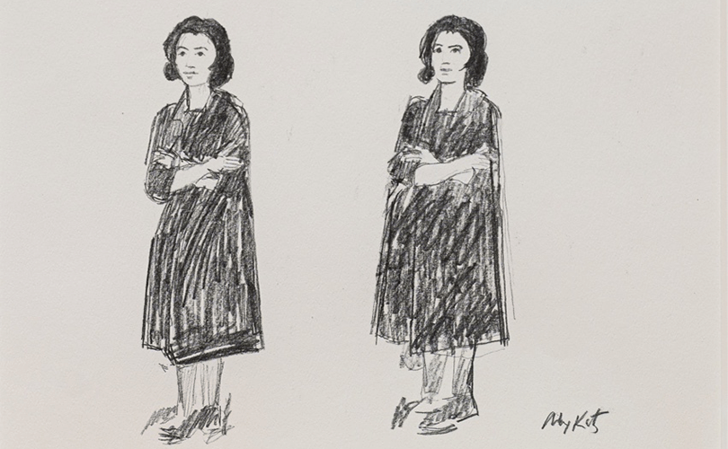 Black-and-white sketch showing two standing figures with folded arms, drawn side by side.